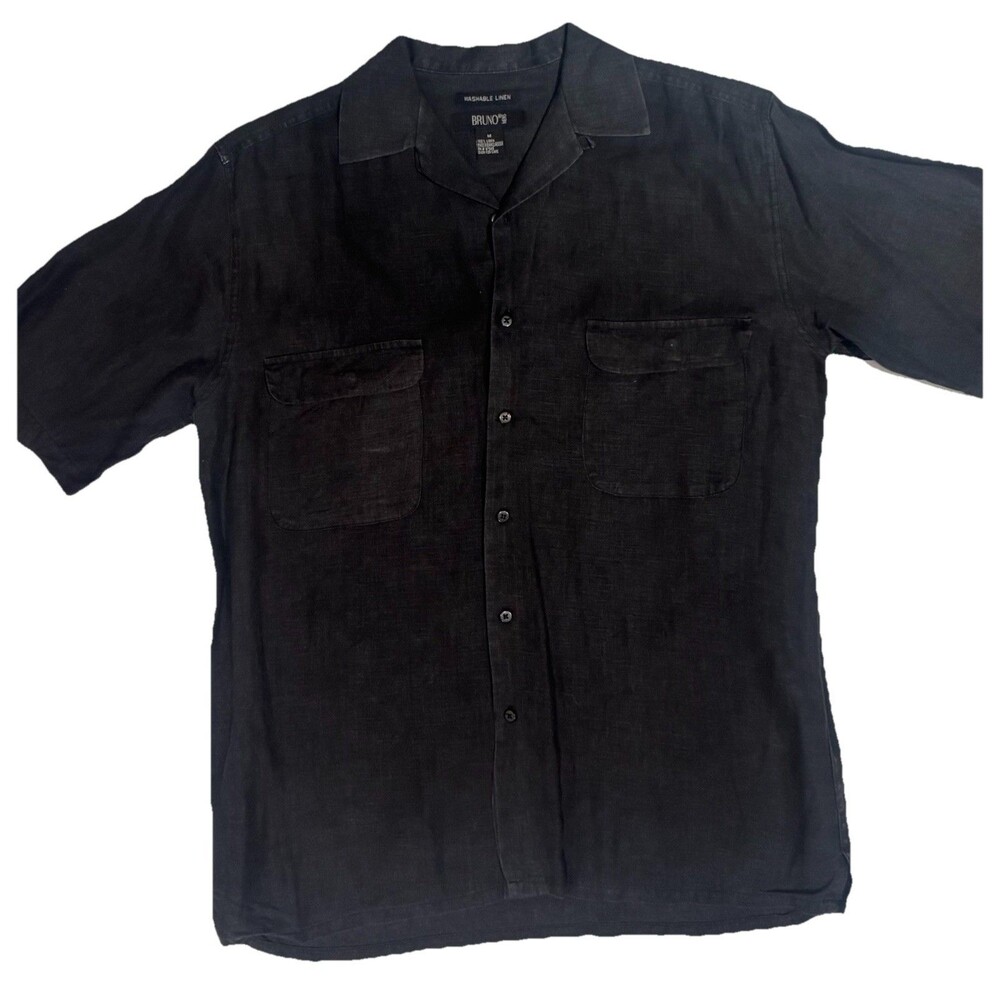 Bruno Mens Black 100% Washable Linen Short Sleeve Button Down Shirt Size M